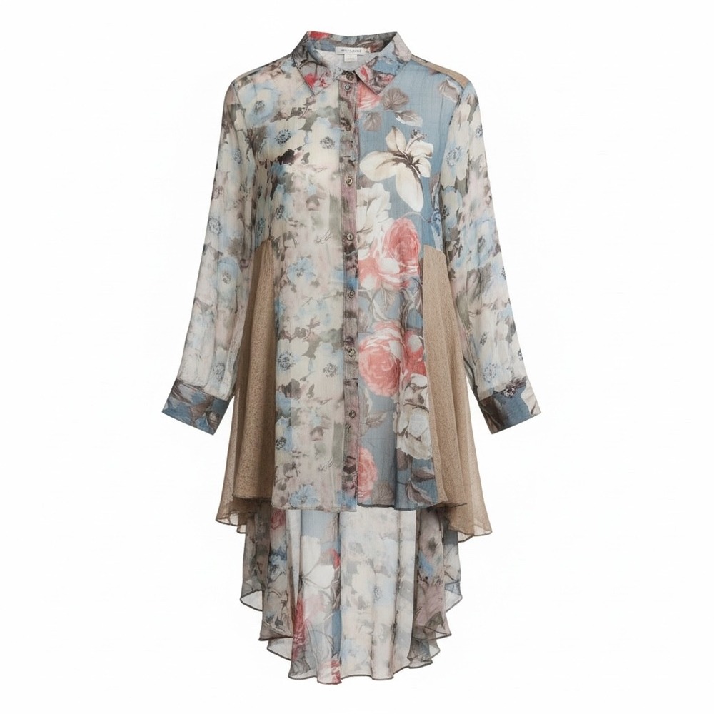 Feratelli Floral Lace Mixed Media High Low Tunic Shirt XL Blue Pink Boho